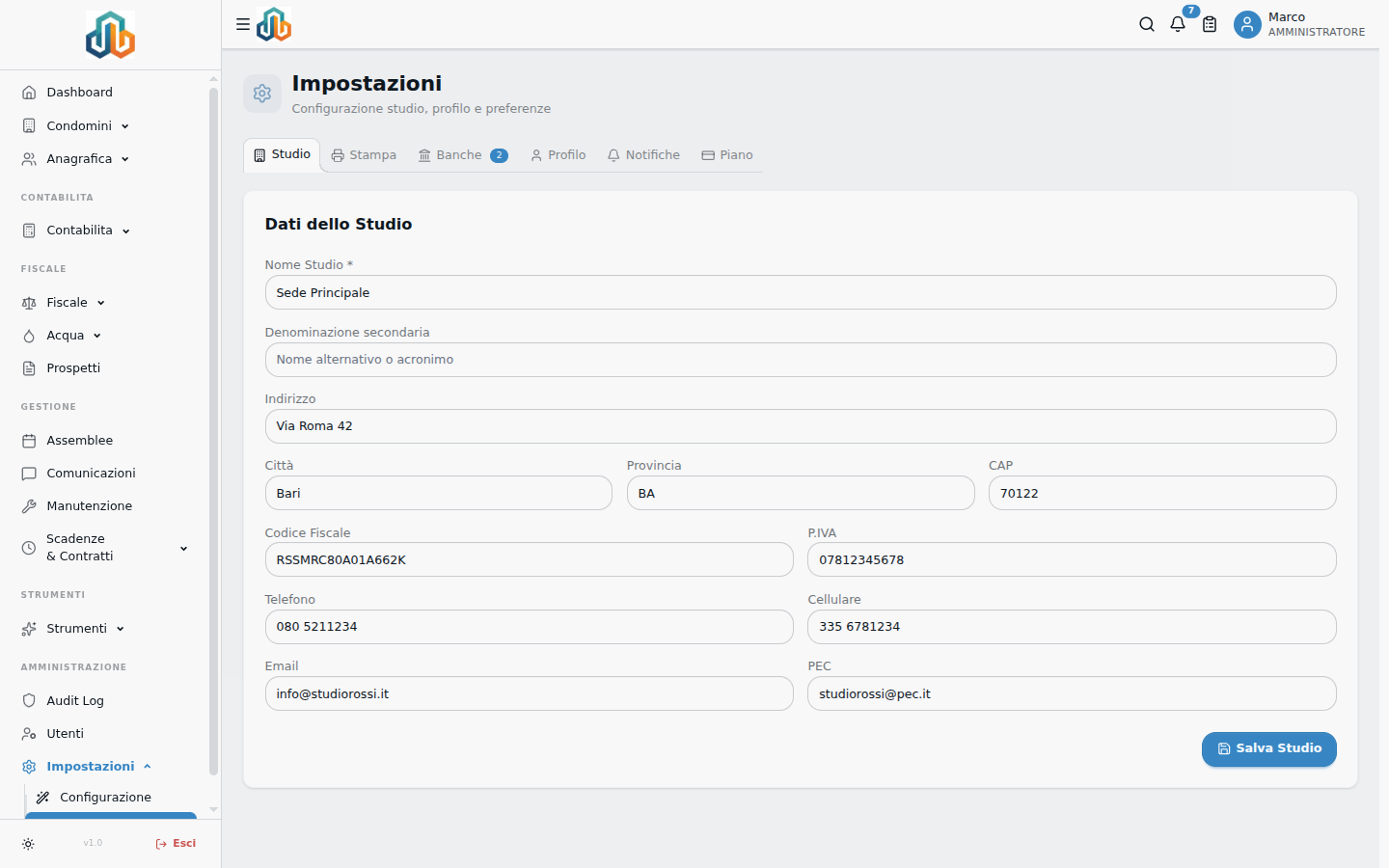 Impostazioni — Configurazione studio